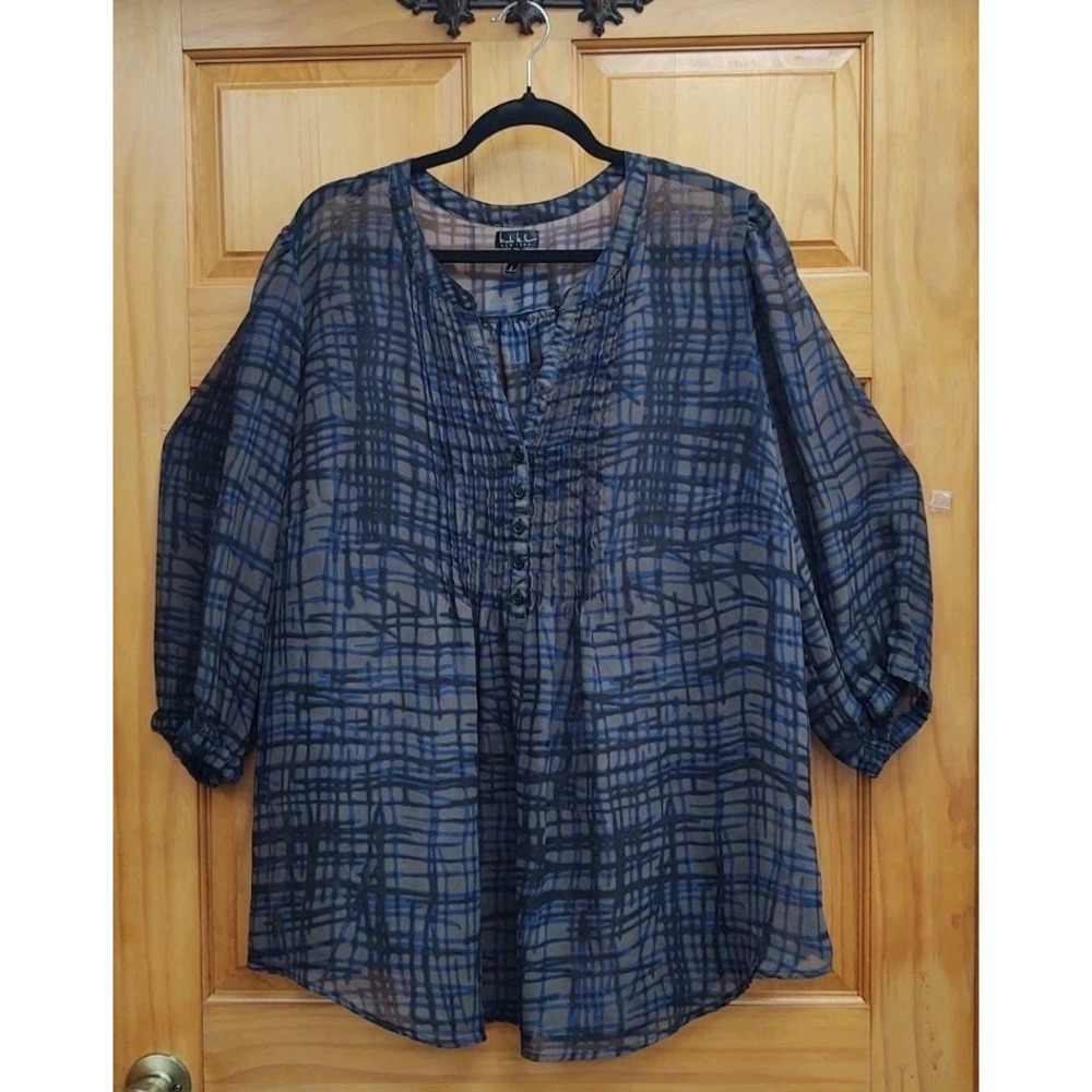 Nicole Miller New York Size 2X Sheer Pleats in Front Blouse Top Long Sleeves